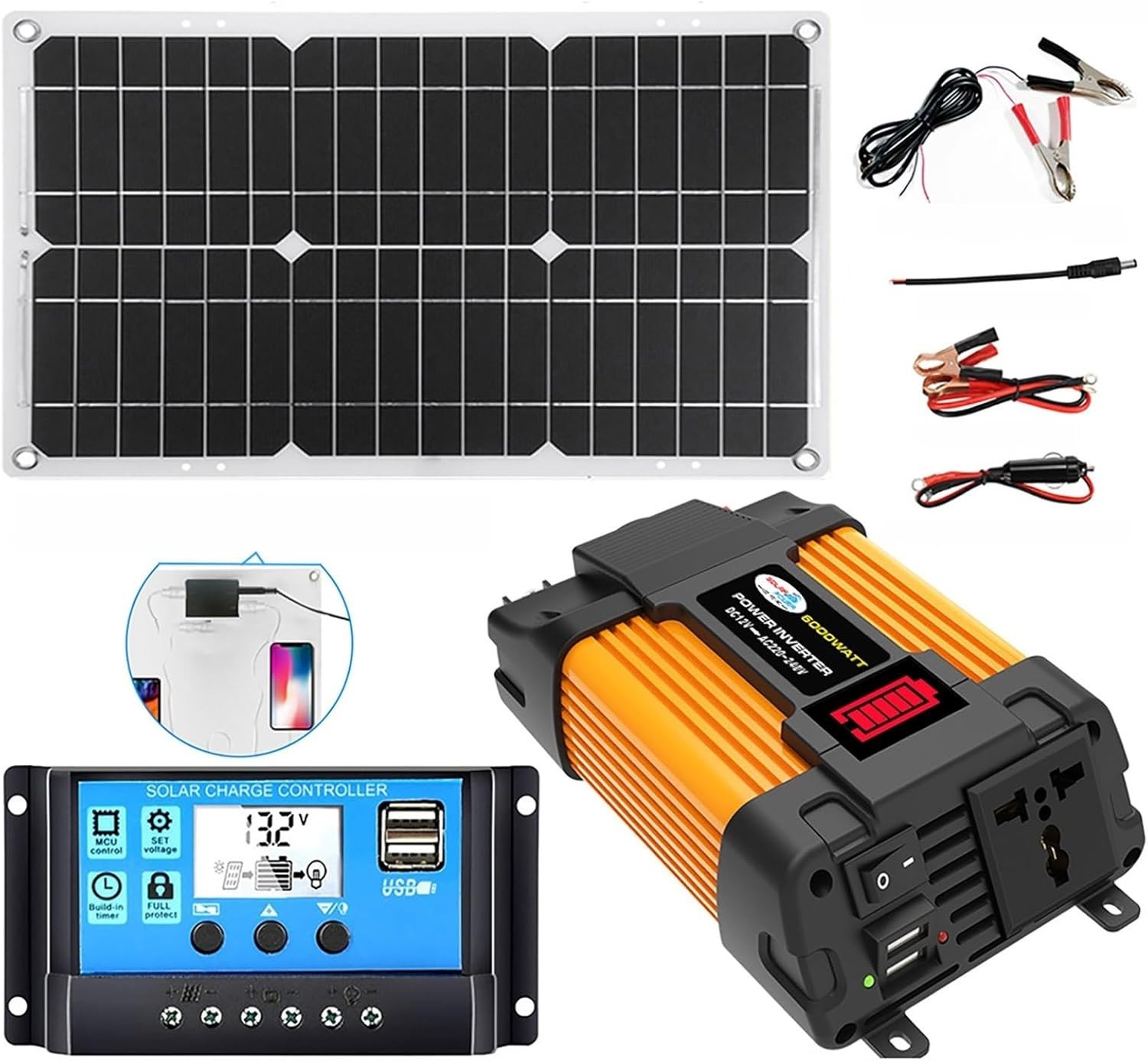 6000W Complete Solar Panel Kit Solar Power Generator 100A,110V Grid Home System