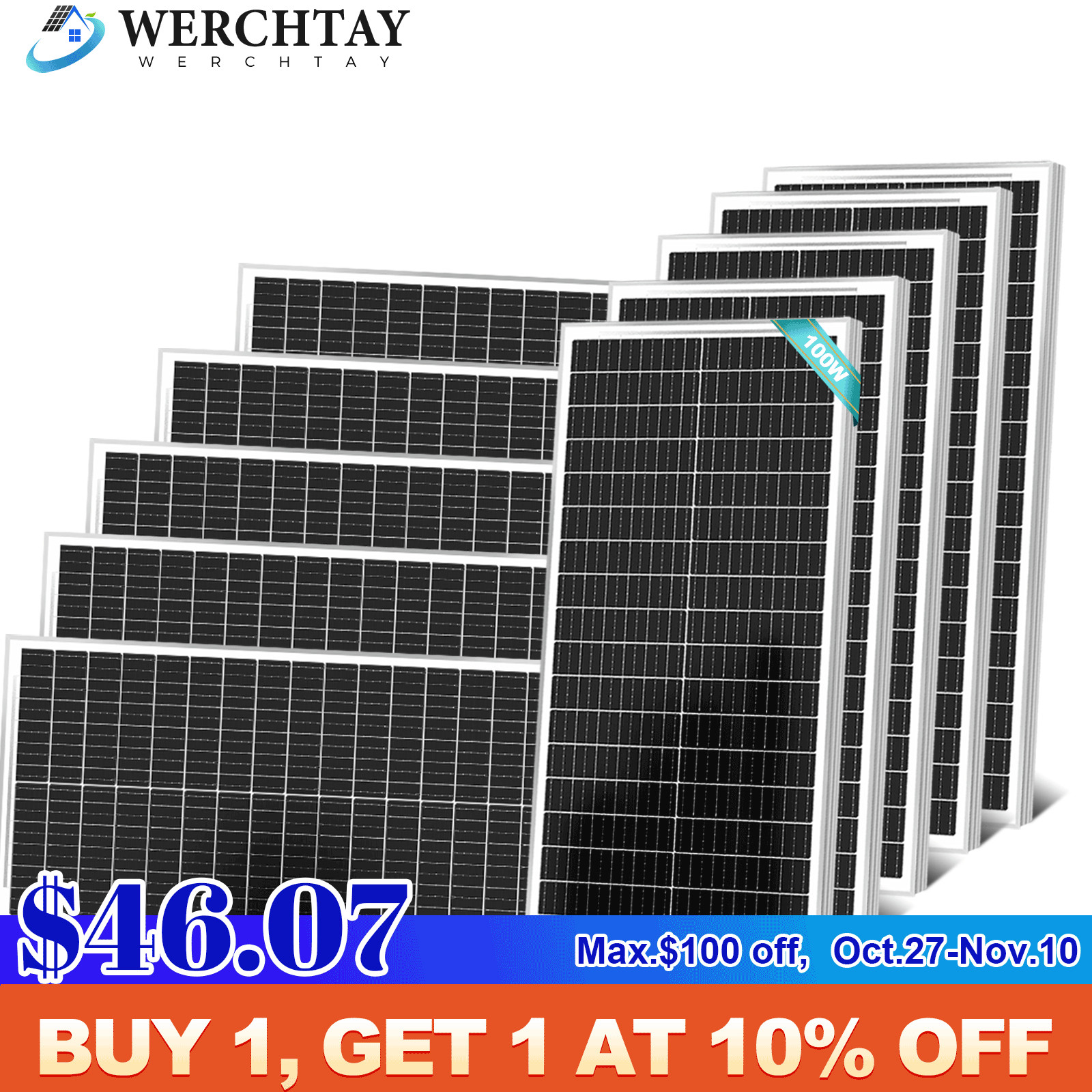 100W 200W 400W 1000Watt 12V Monocrystalline Solar Panel Home RV Camping Off Grid