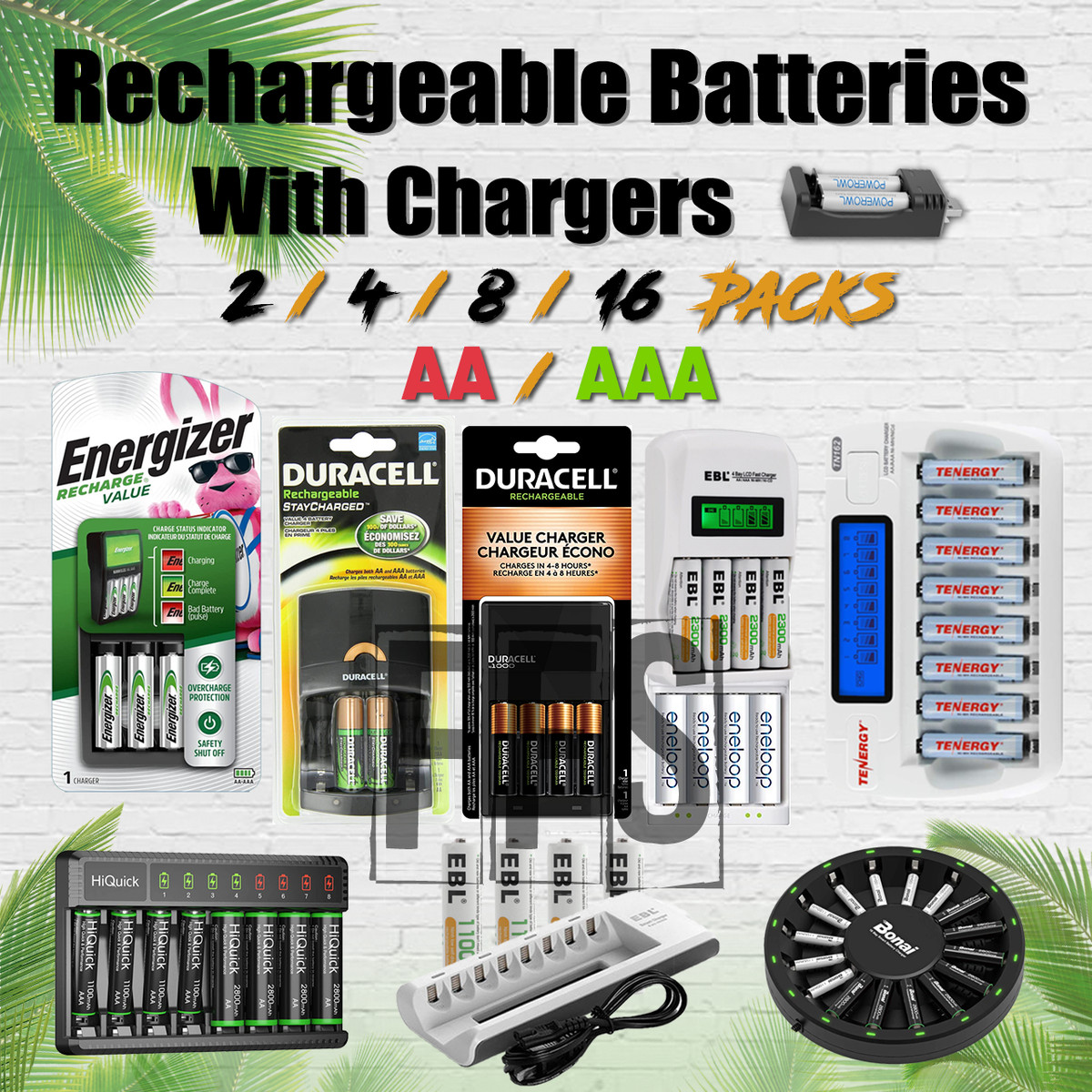 Rechargeable Batteries with Charger AA or AAA NiMH NiCD Solar Smart Fast lot LED