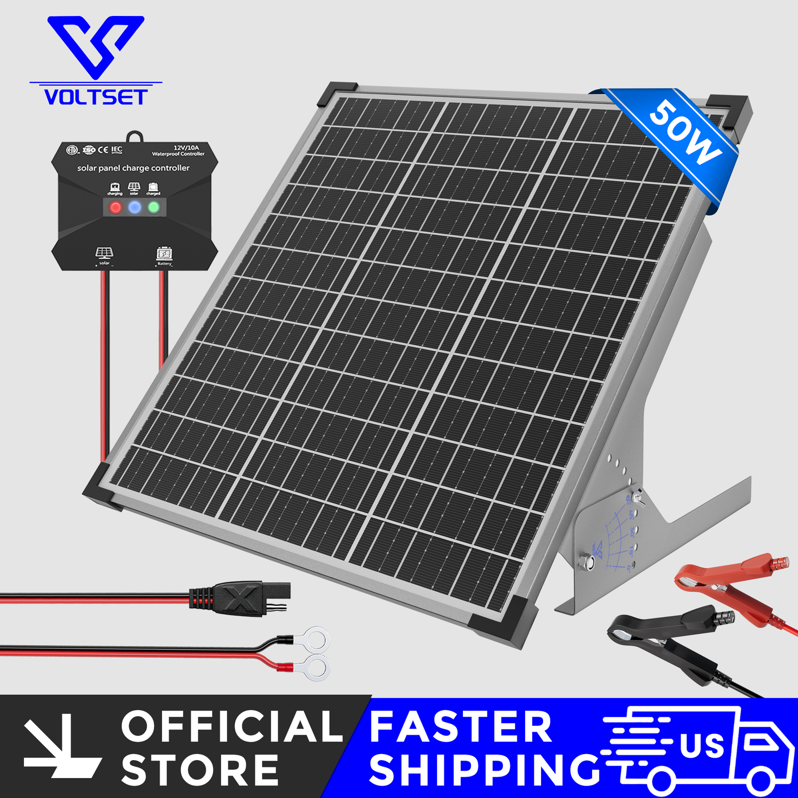 VOLTSET 50W Solar Panel Kit with Mount Bracket, 12V Solar Battery Charger for RV
