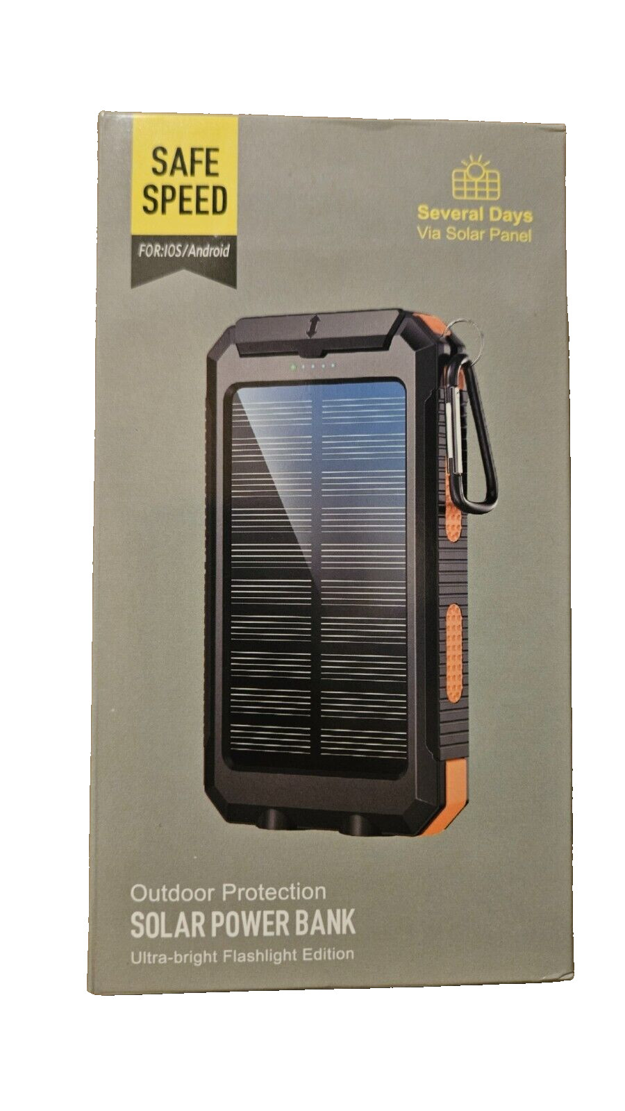 SafeSpeed Portable Solar Power Bank Compass Flashlight USB & C Apple/Android/IOS