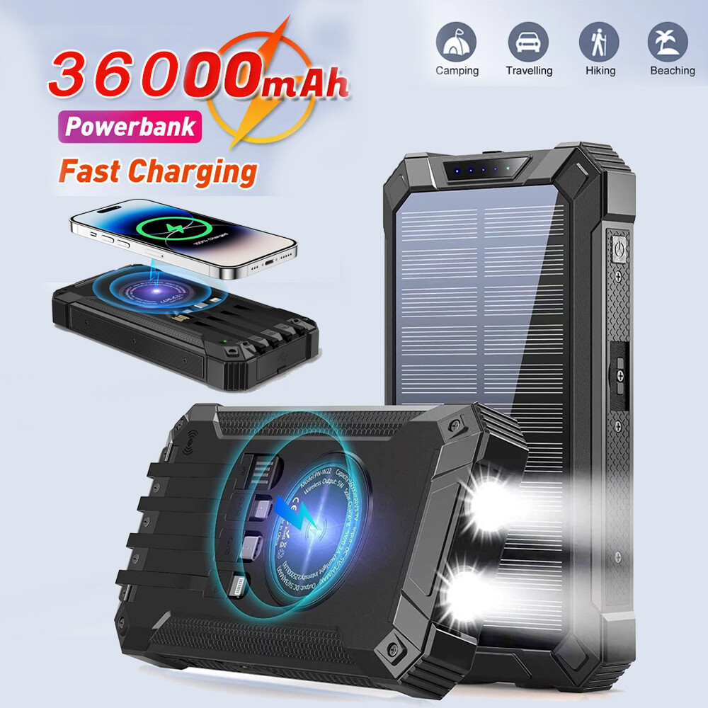 Solar Power Bank 36000mAh Portable Charger 4 Cable & Wireless Charging w/ Lights