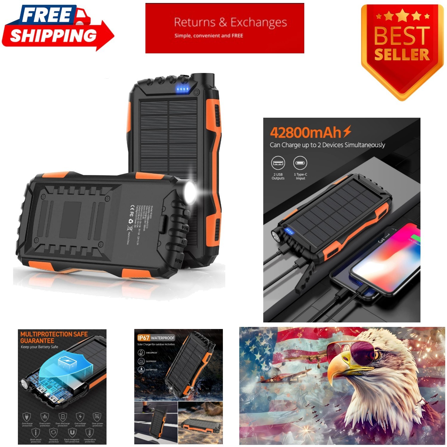 Solar Charger, Power Bank, 42800mAh Portable Charger Power Bank External Batt…