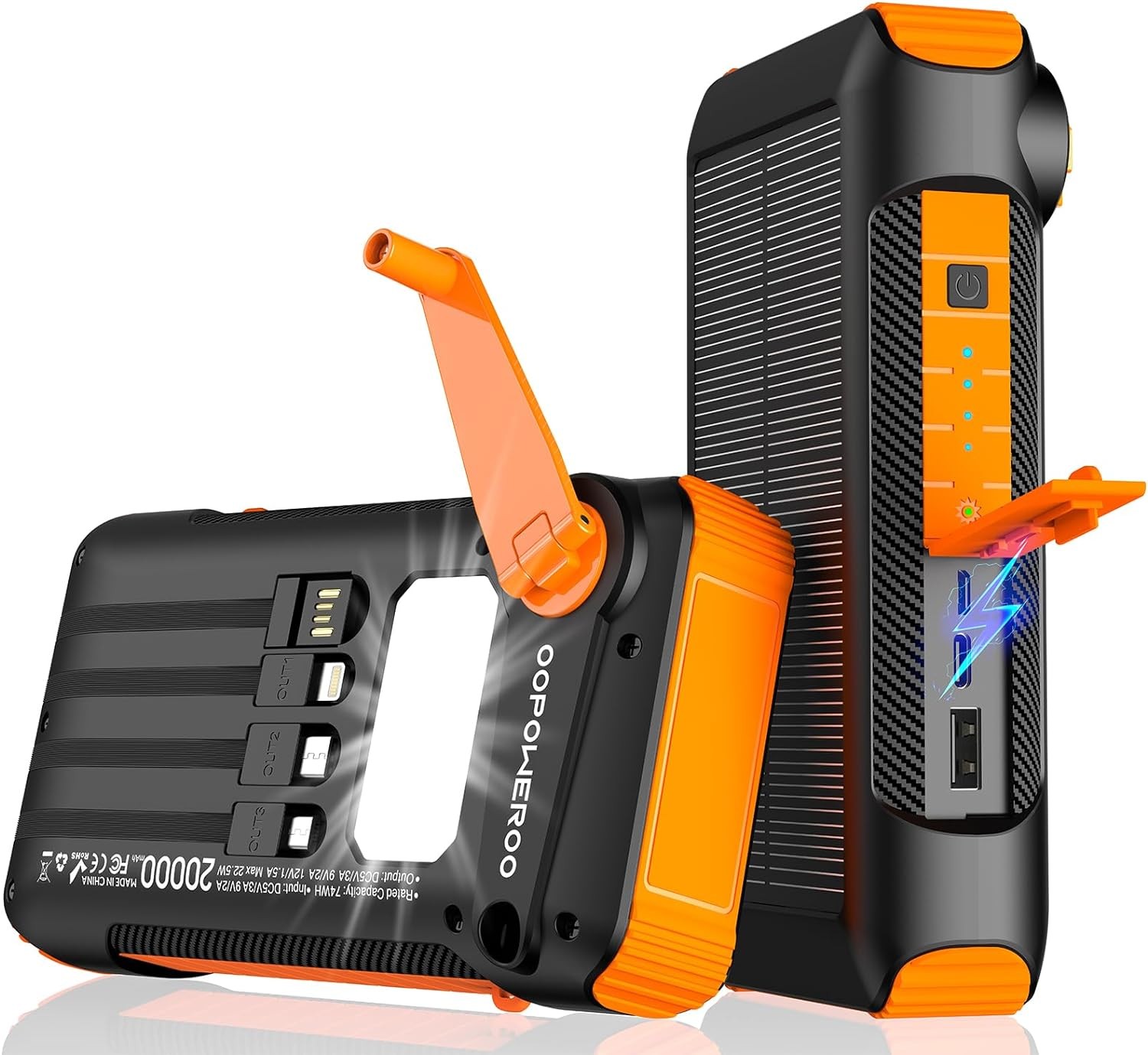 Solar Power Bank 20000mAh Built in Hand Crank and 4 Cables 22.5W Fast Orange