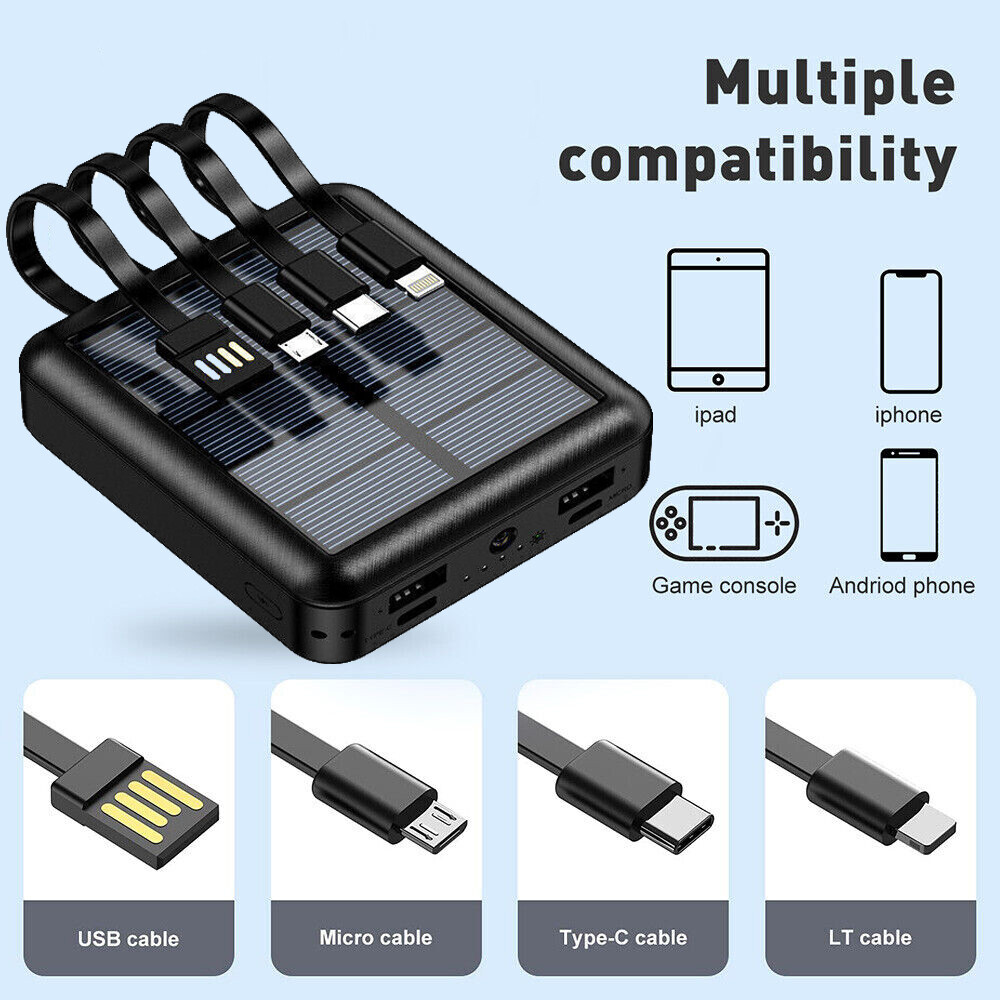 20000mAh USB Portable Charger Solar Power Bank Built in 4 Cables with Flashlight