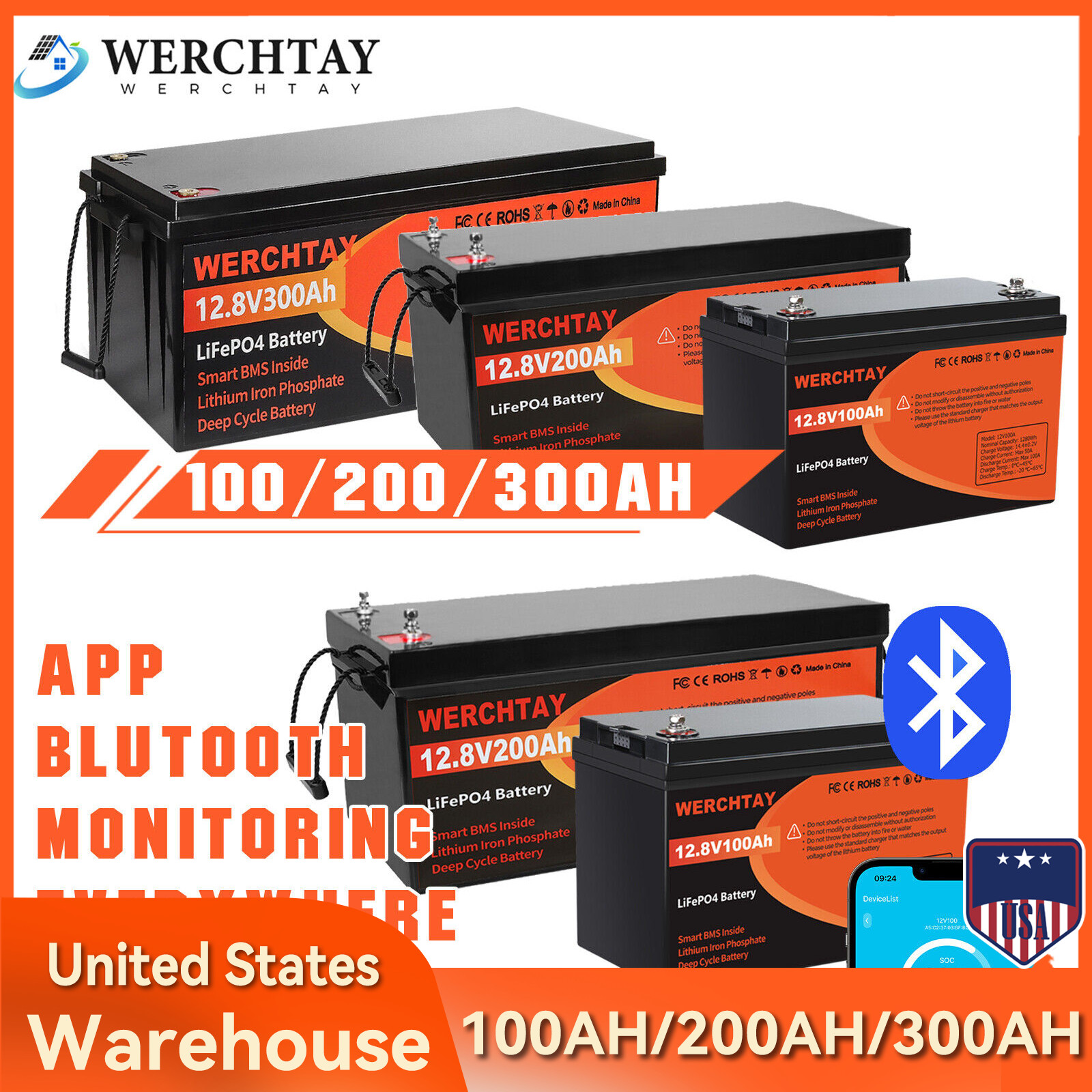 LiFePO4 Lithium Battery 12V 100Ah 200Ah 300Ah Deep Cycle for RV Solar Off-grid