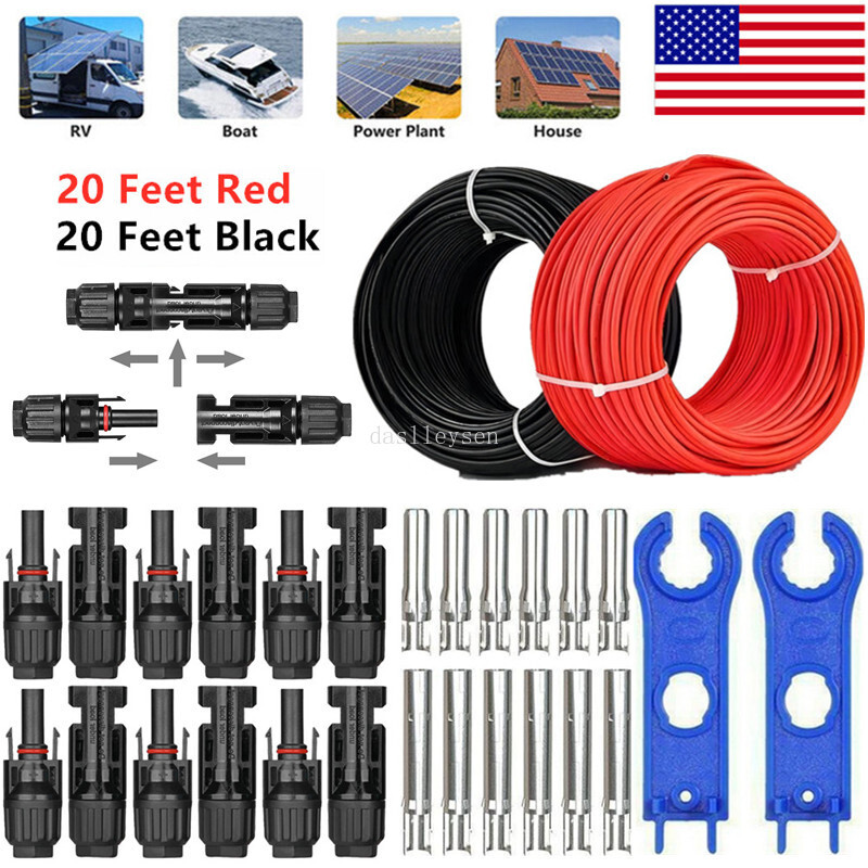 Black Red 10 AWG Solar Panel Extension Cable Silicone Flexible Wire Connectors