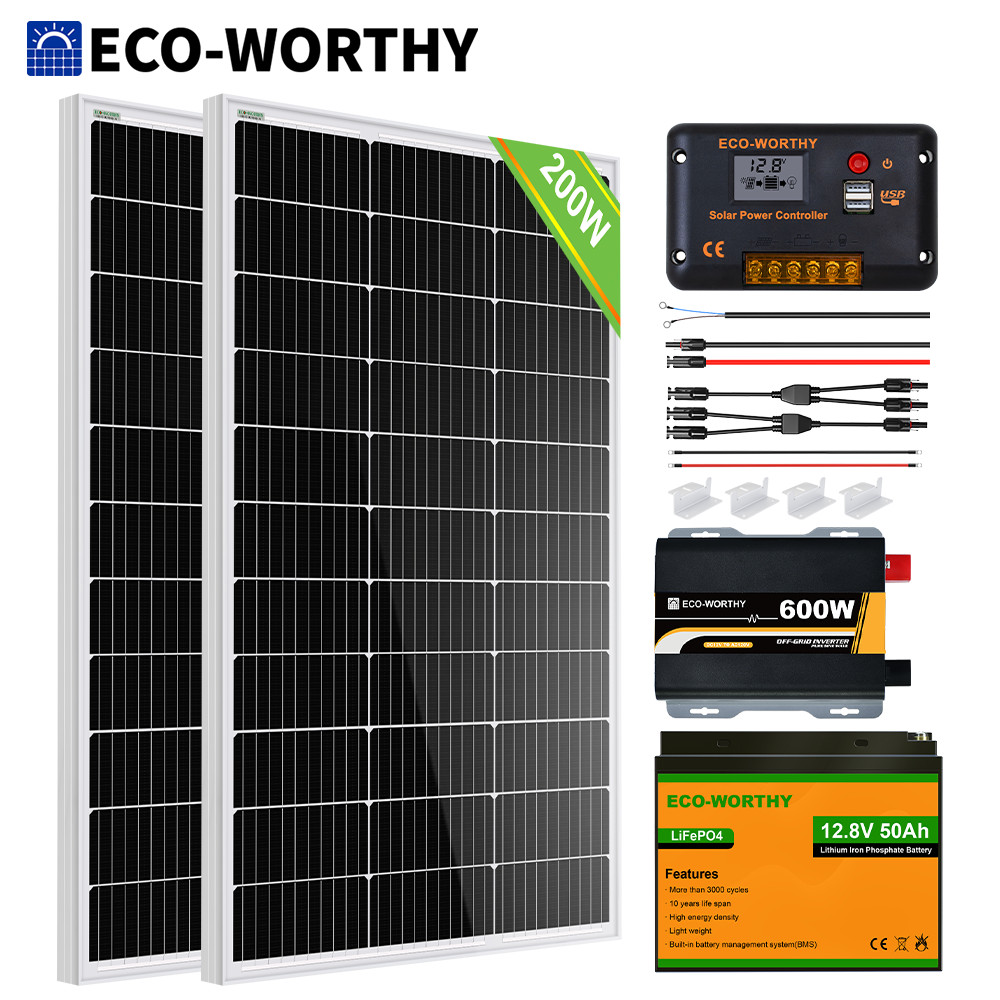 ECO-WORTHY 100W 200W 400W Watt 12Volt Solar Panel Kit 50/100Ah Battery Off Grid