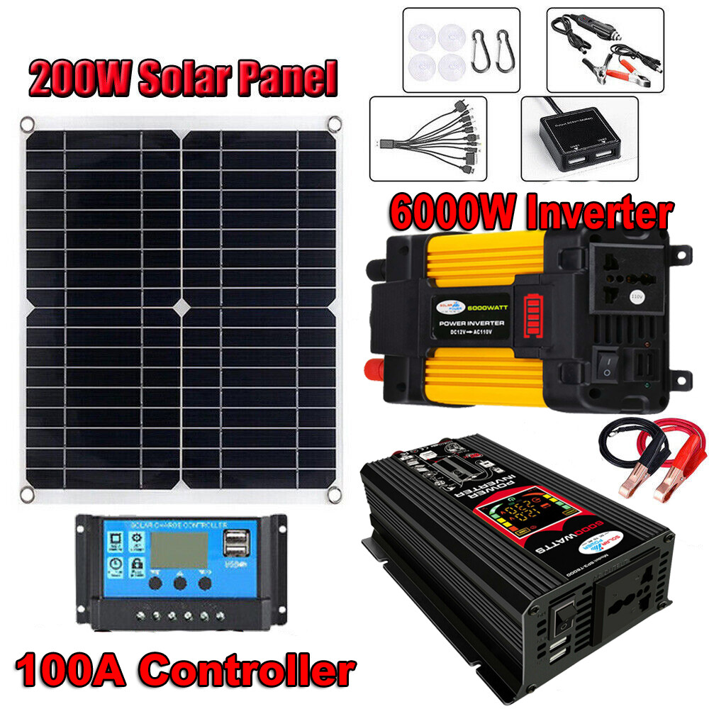 6000W Full Complete Solar Panel + Power Generator Home RV Off-Grid Solar Kit US