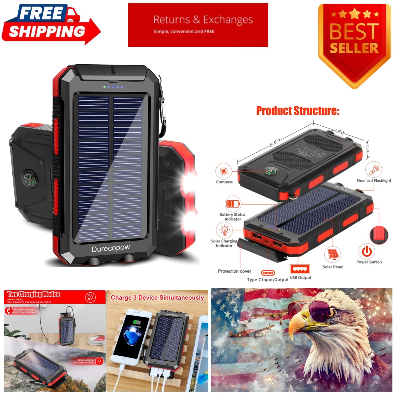 20000mAh Waterproof Solar Power Bank with Flashlight & Compass for Adventure