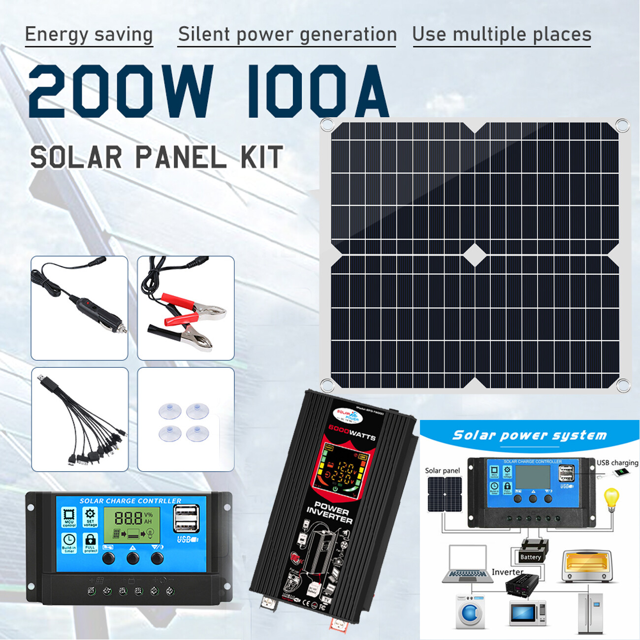 Complete Solar Panel Kit Solar 6000W Power Generator 100A Home 110V Grid System