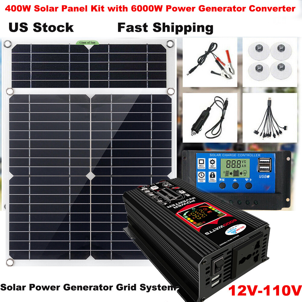 Full 400W Solar Panel Kit + 6000 Power Generator Home RV Off-Grid Solar System