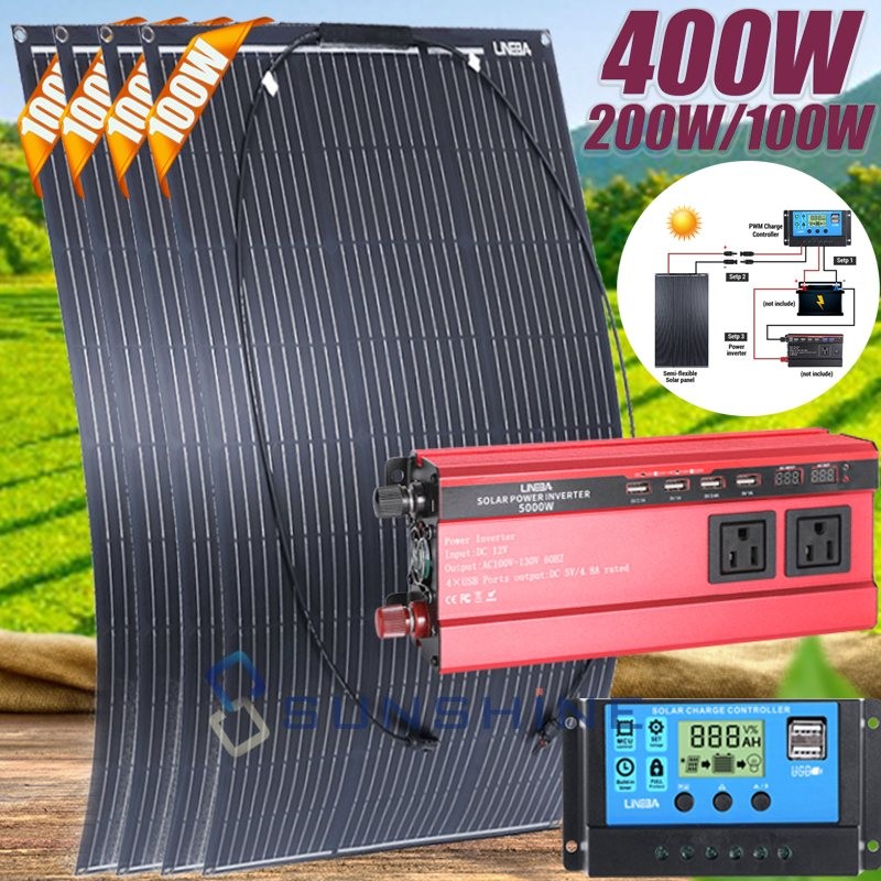 Complete Solar Panel Kit 30A Controller 5000W Power Inverter 12V Battery Charger