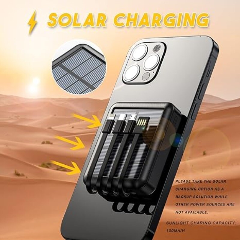 20000mAh Solar Power Bank Solar Charger W/ 4 Cable & Flashlight External Battery
