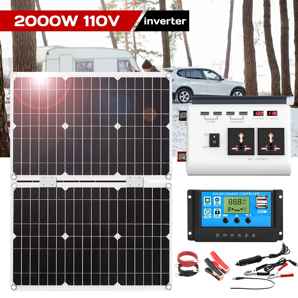 3000W Inverter Complete Solar Panel Kit + Solar Charger Controller Home RV 110V