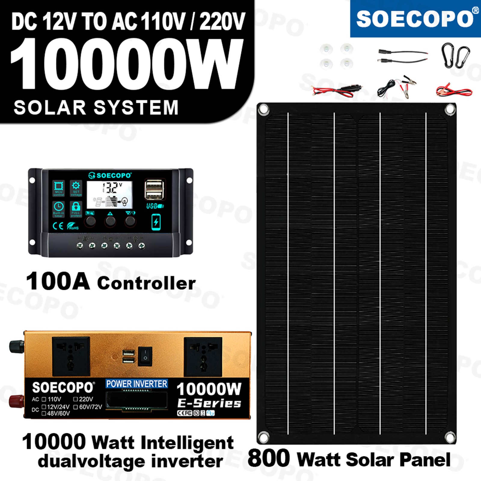 10000W Inverter 800WSolar Panel Solar Power Generator 100A Home 110V Grid System