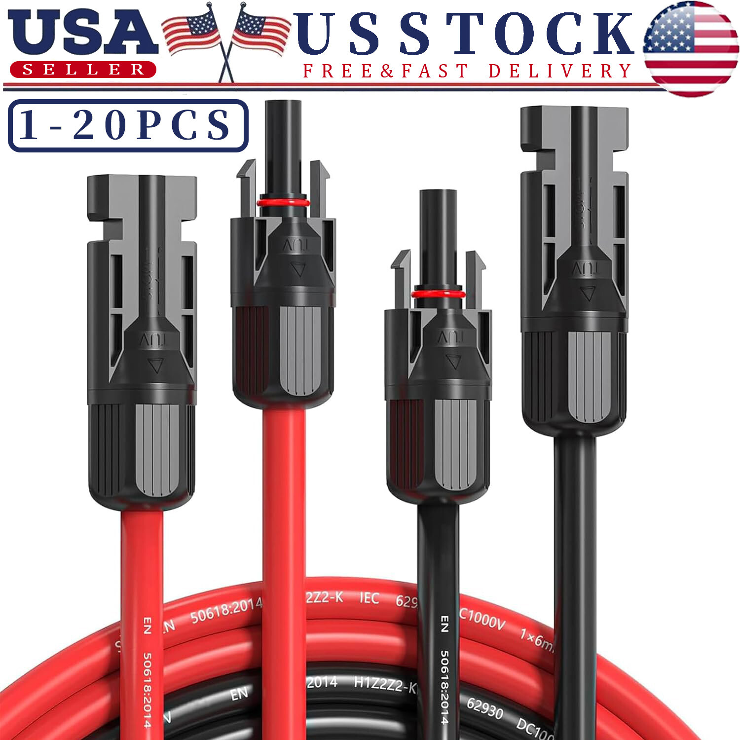 Black+Red 10 AWG Solar Panel Extension Cable Silicone Flexible Wire Connectors
