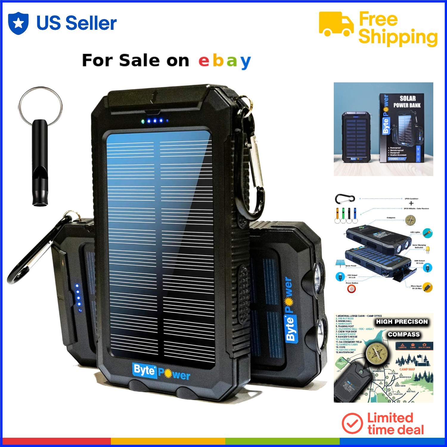 Solar Power Bank 20000mAh Portable Waterproof with Compass Flashlights Carabiner