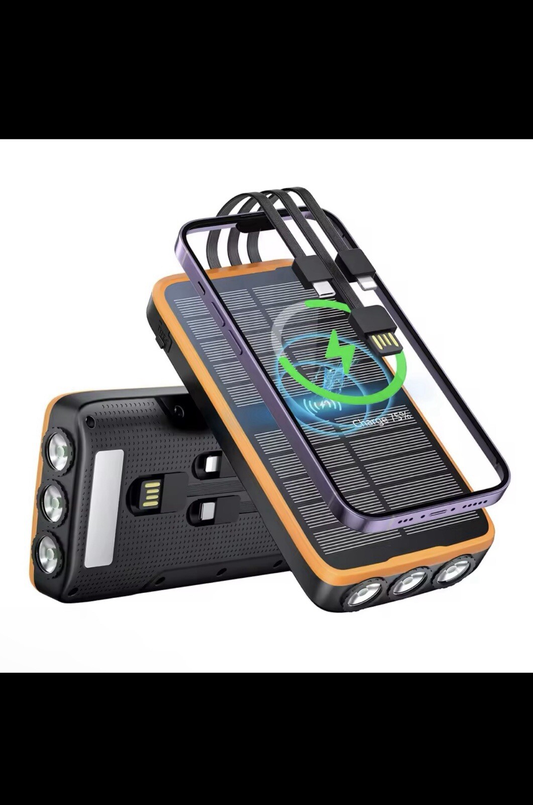 20000mAh Solar Power Bank – 3 Cables, USB-C Fast Charging, Flashlight, Universal