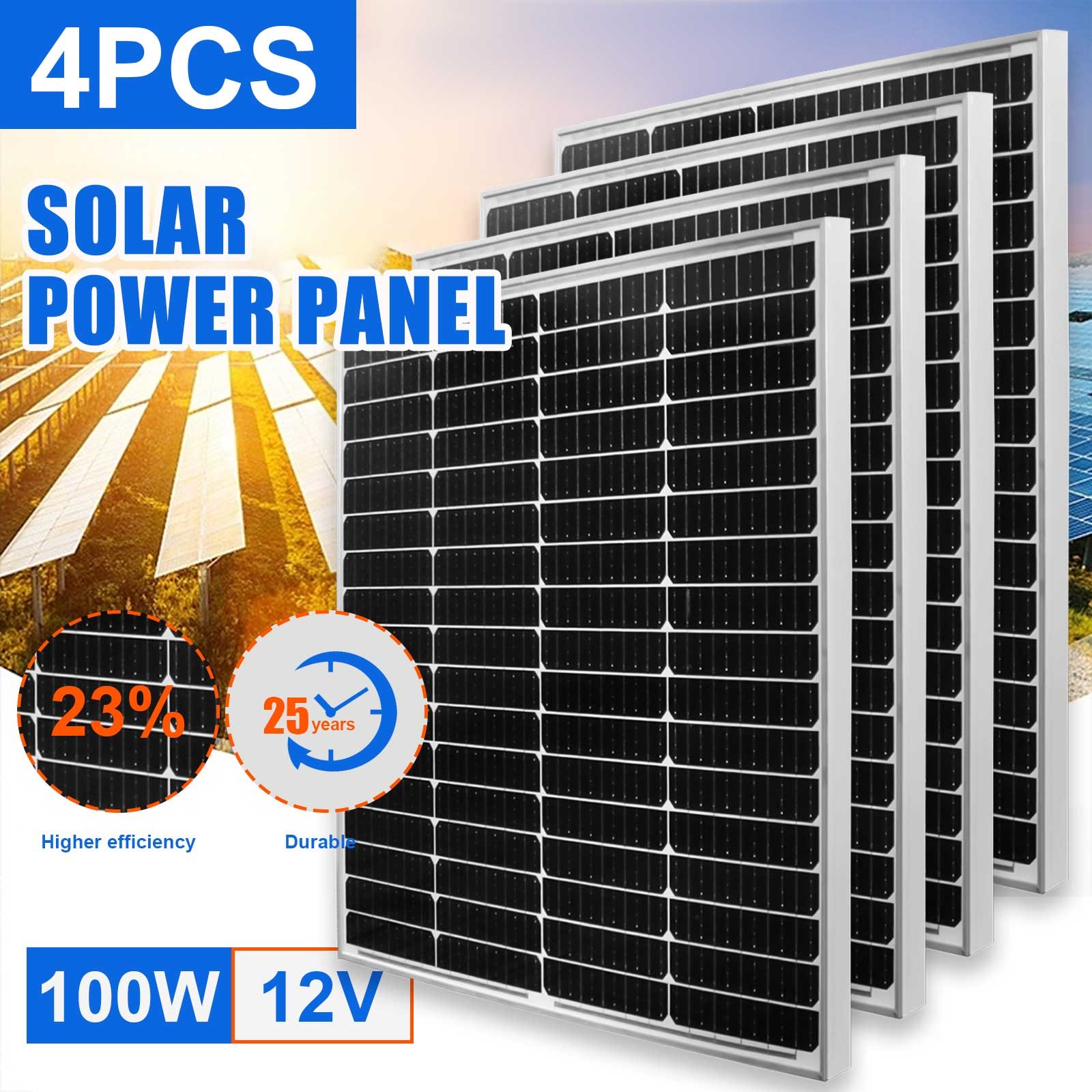 400W Solar Panel 12V PV 100Watt Monocrystalline Home RV Roof Shed Back-up Power