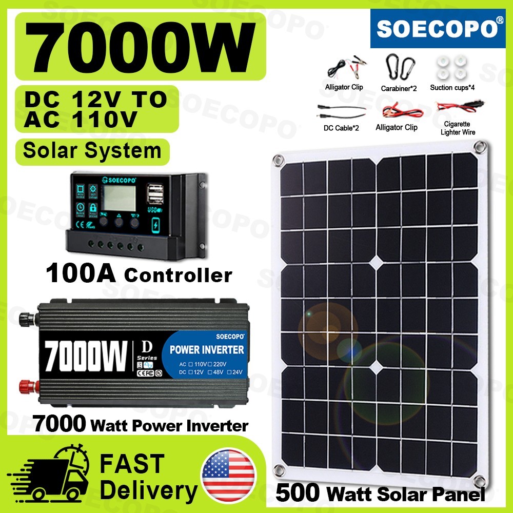 SOECOPO 7000W Solar Power Kit DC 12V AC 110V Inverter 500W solar panel