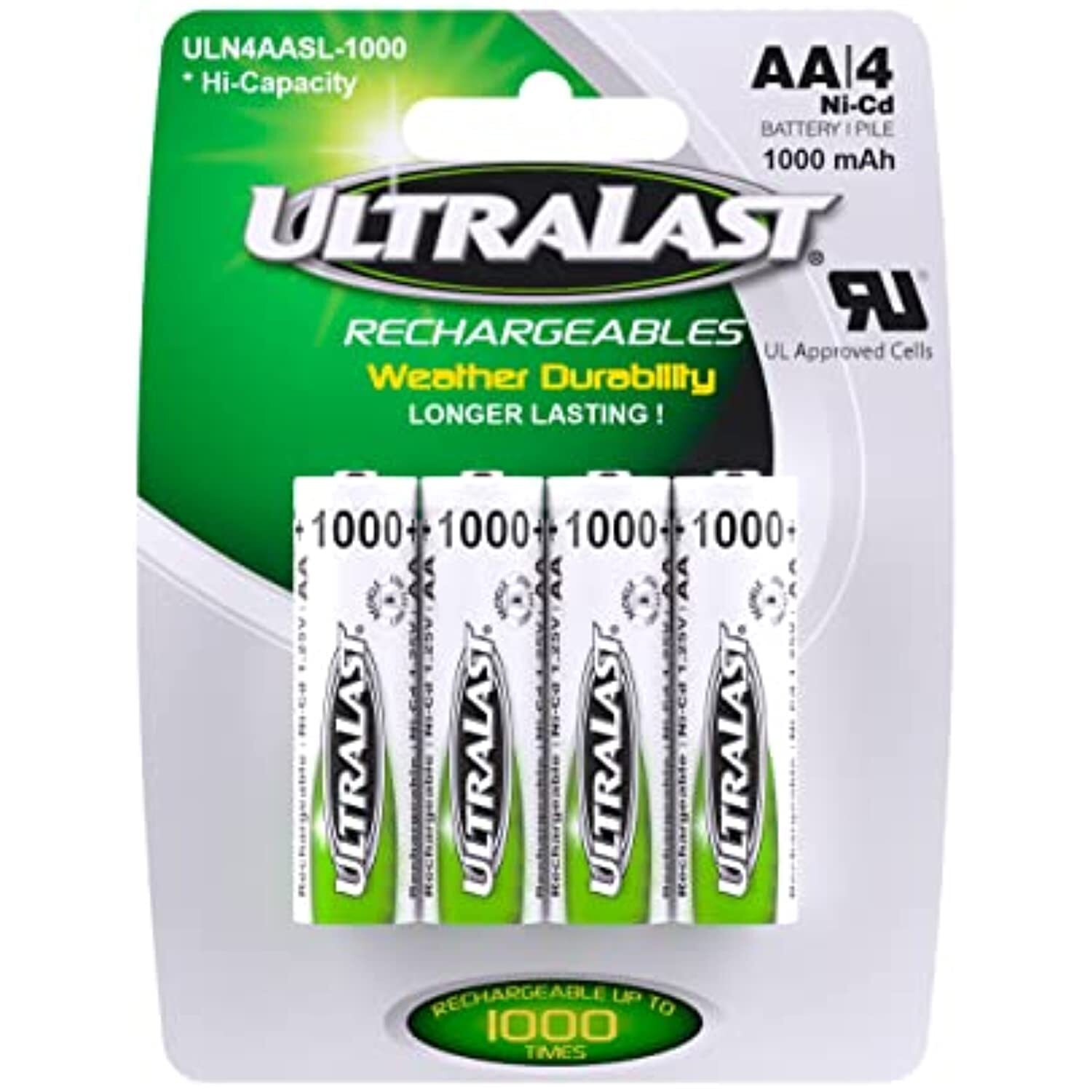 ULTRALAST ULN4AASL-1000 4 Rechargeable AA Batteries – NICAD 1.2 Volt, 1000mAh