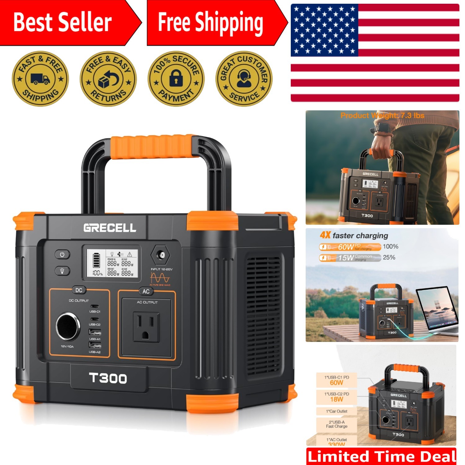 Portable Power Station 300W, 230.88Wh Solar Generator with 60W USB-C PD Outpu…