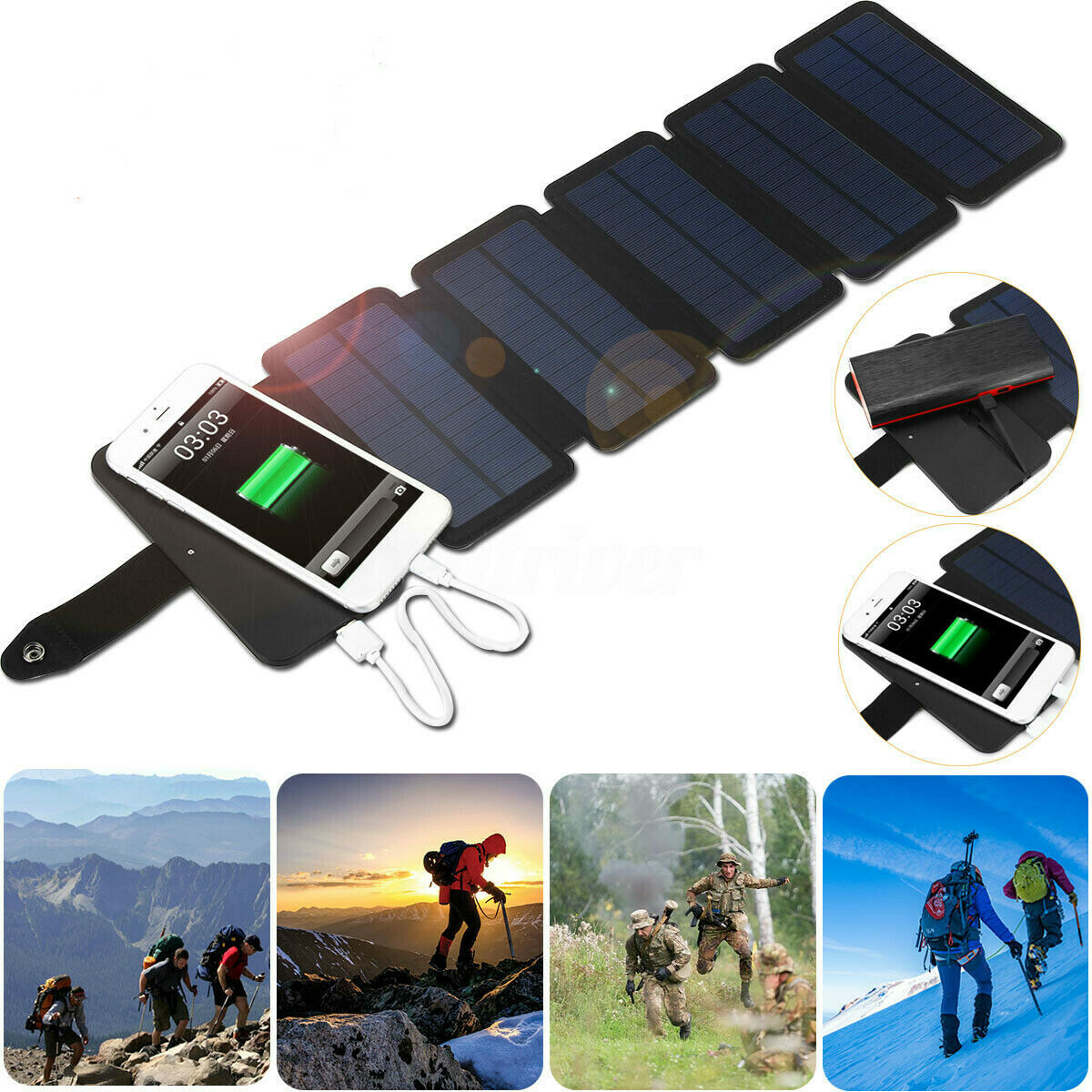 Solar Power Bank Panel Folding Portable Battery Charger iPhone Camping Hiking US