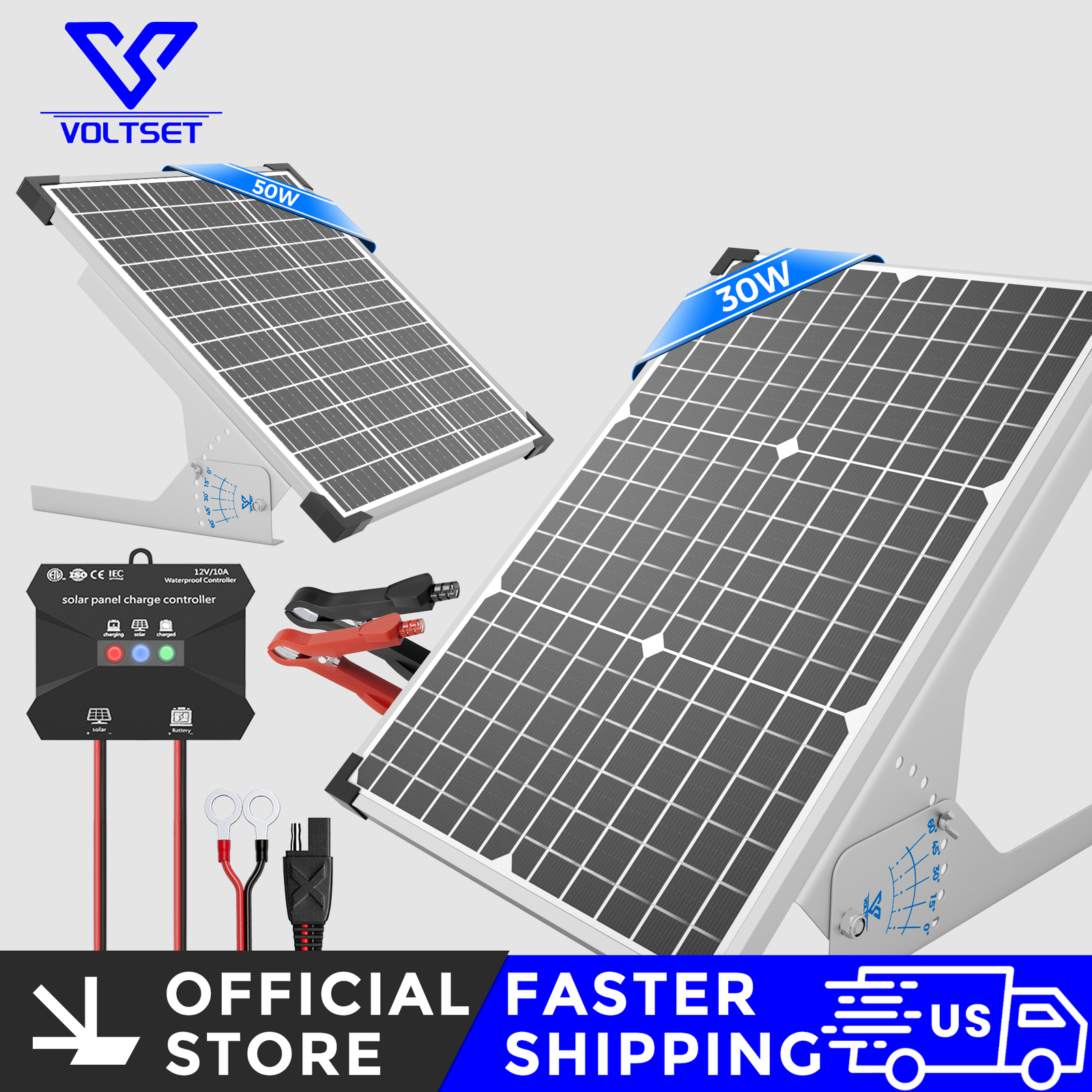 VOLTSET 30W/50W Solar Panel Kit, 12V Solar Battery Charger Maintainer for RV