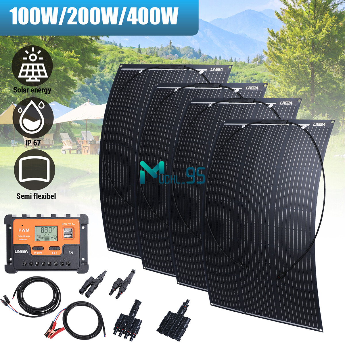 400W 12V Portable Flexible Solar Panel Mono Power Battery Charge Camping Home RV