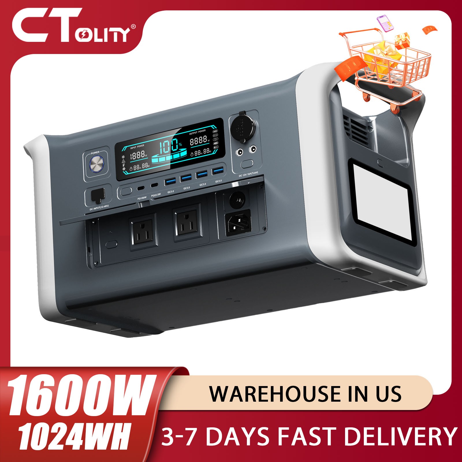 Portable Power Station 1600W/1024Wh Solar Generator Power Sup⁣ply for Off-grid