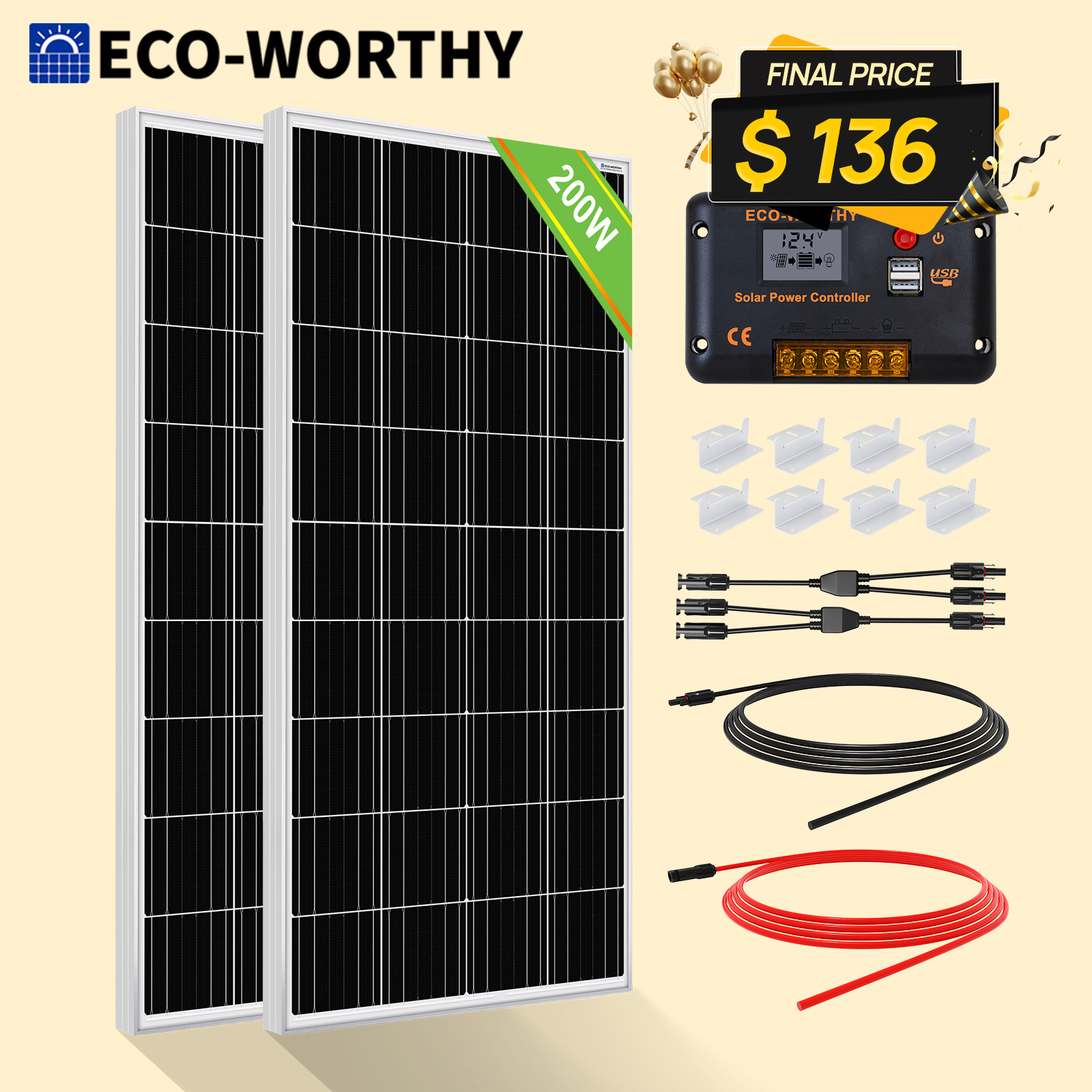 ECO-WORTHY 200W Watt Monocrystalline Solar Panel Kit 12V Volt for Home RV