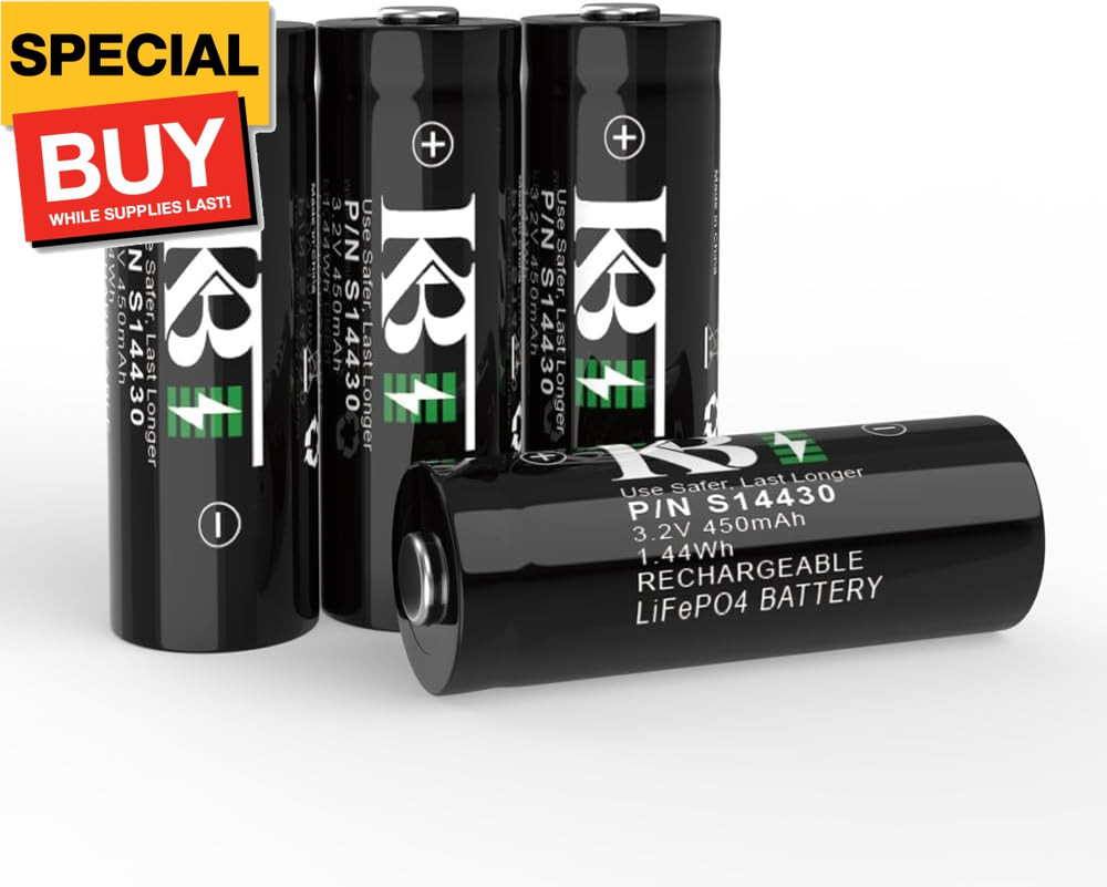 KBT 3.2 V 14430 LiFePO4 Battery, 4Pack 14430 450mAh 3.2 Volt Replacement Recharg