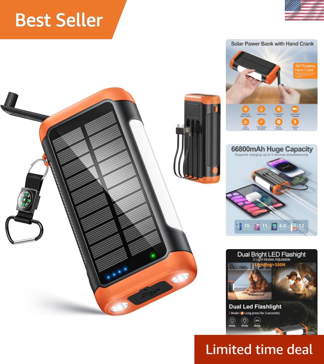 Portable 66800mAh Solar Power Bank with Lamp & Compass: 5 Ports for Outdoor Use