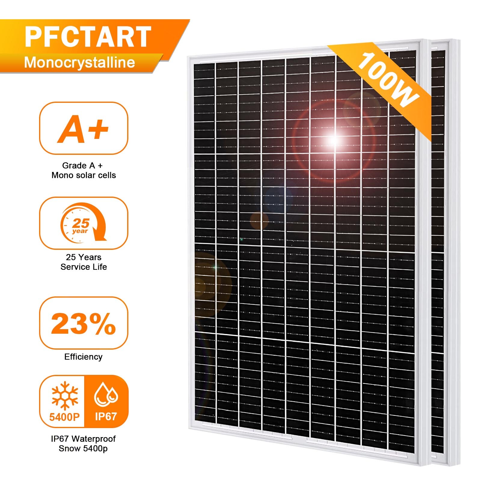 PFCTART 2PCS 100W 12V Mono Solar Panel 200W Off Grid PV Power for Caravan Marine