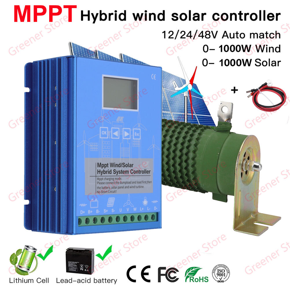 2000W Solar & Wind Hybrid MPPT Charge Controller 12V 24V 48V + Dump LCD Display