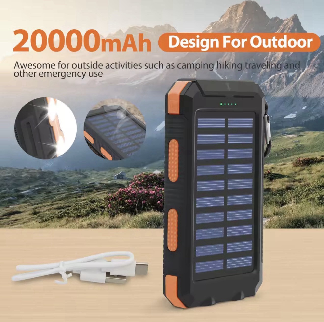 20000mAh Solar Power Bank Portable Solar Charger Waterproof Dual 5V USB PORTS