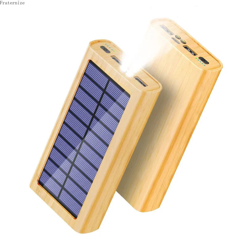 20000/30000mAh Portable Solar Power Bank Charging woodgrain Battery Charger USB