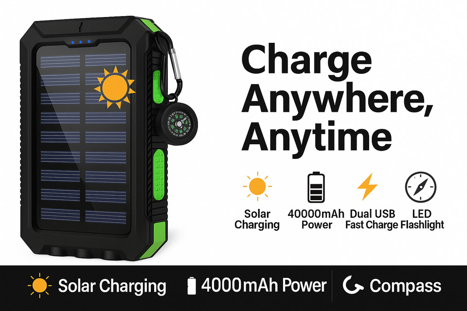 40000mAh Solar Power Bank Dual USB QC3.0 Outdoor Camping Phone Charger LED Light