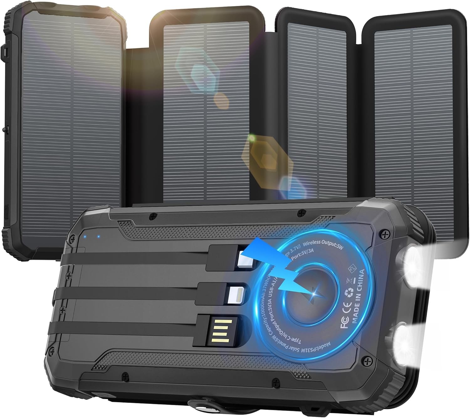 Portable Charger 20000mAh Solar Power Bank Built-in 3 Cables and Wireless Chargi