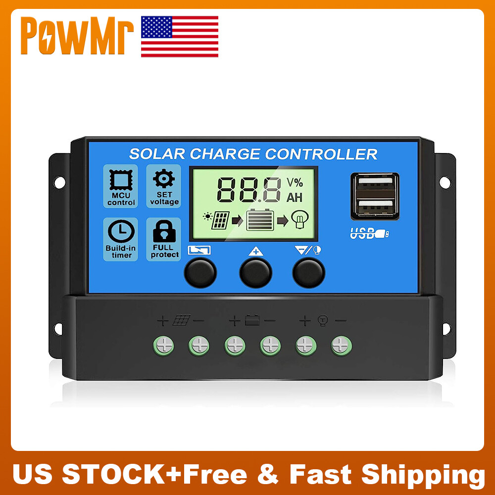 30A PWM Solar Panel Charge Controller 12/24V Auto LCD Display Dual USB Timer Set