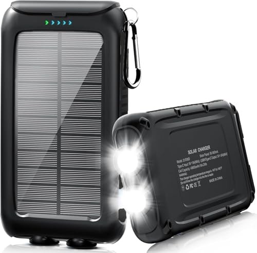 49800mAh Solar Power Bank with LED Flashlight, 15W Fast Charge, Waterproof for