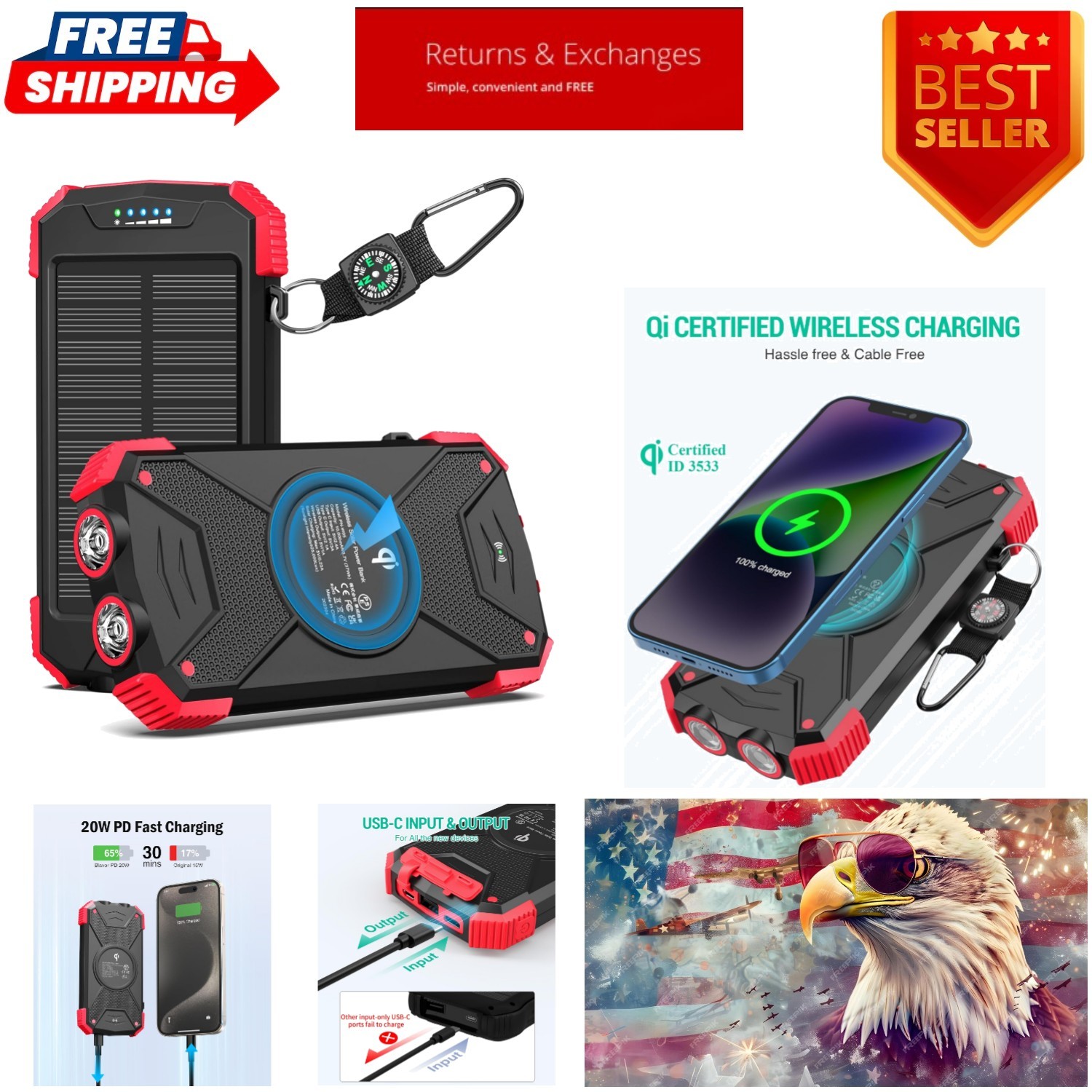 Solar Charger Power Bank 10,000mAh, Portable Wireless Charger, 20W Fast Charg…