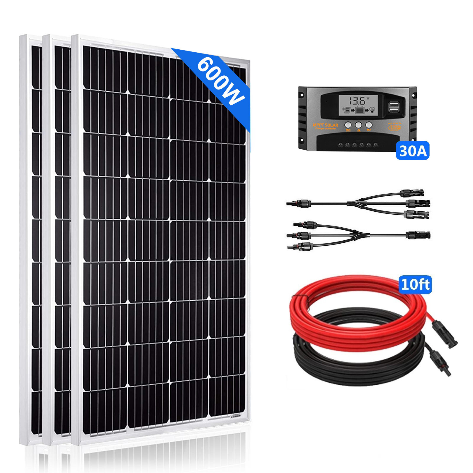 600W Solar Cell 3x200W Mono Solar Panel Kit High Efficiency Module for RV Marine