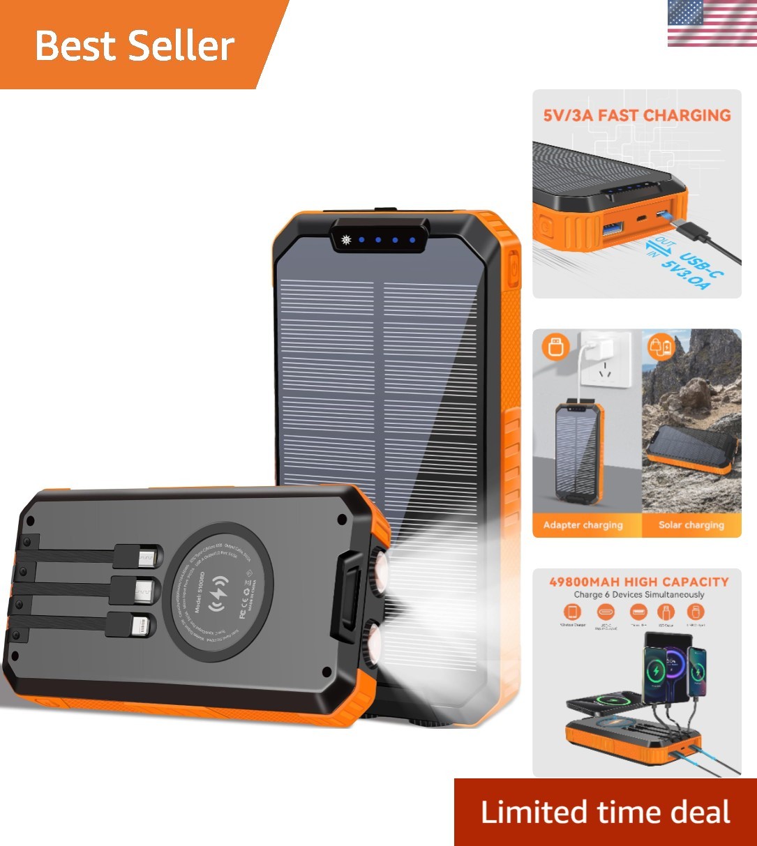 High-Capacity 49800mAh Solar Power Bank – Fast Wireless Charging for Smartphones