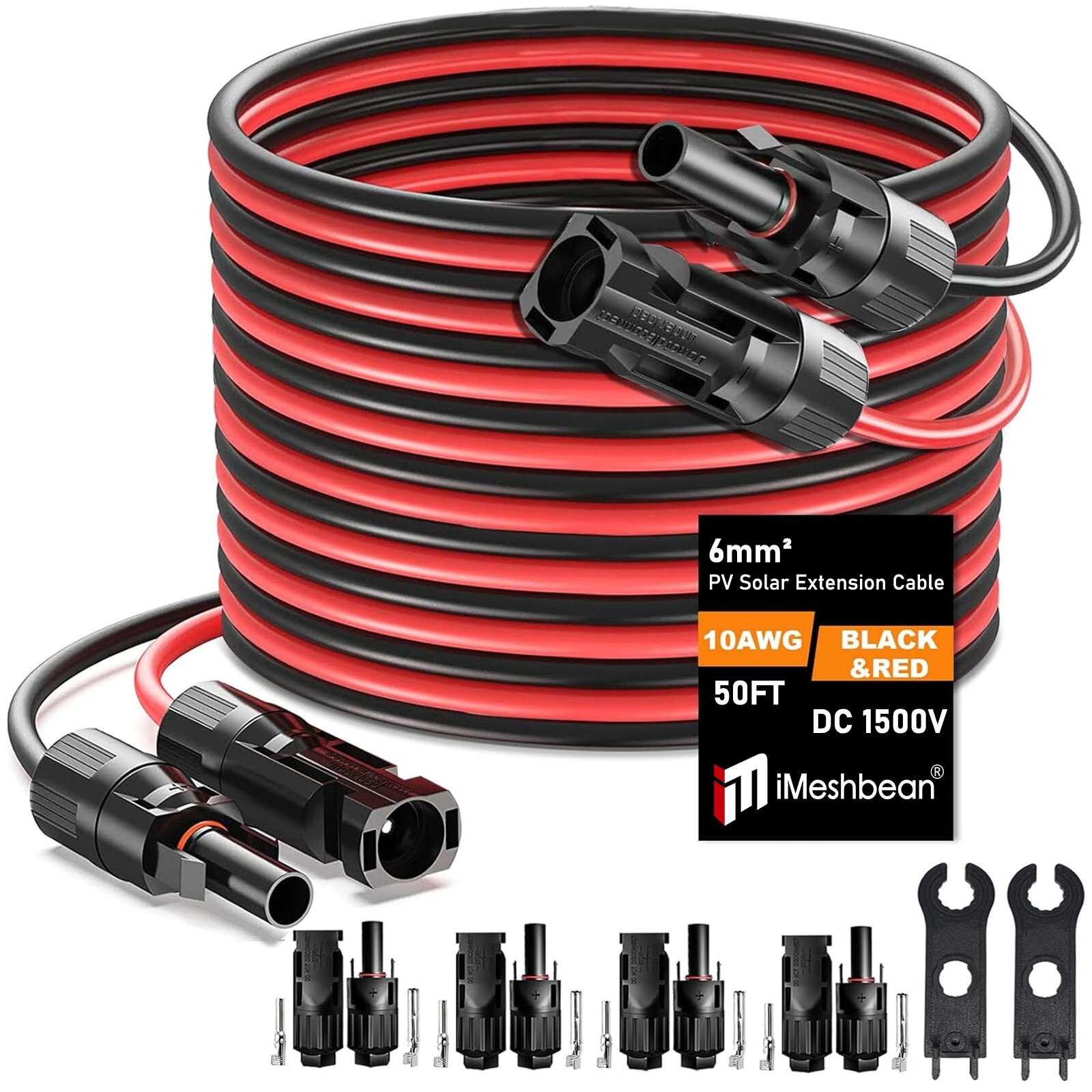 50 FT 10 AWG Black+Red Solar Panel Extension Cable w/ Female & Male Connectors