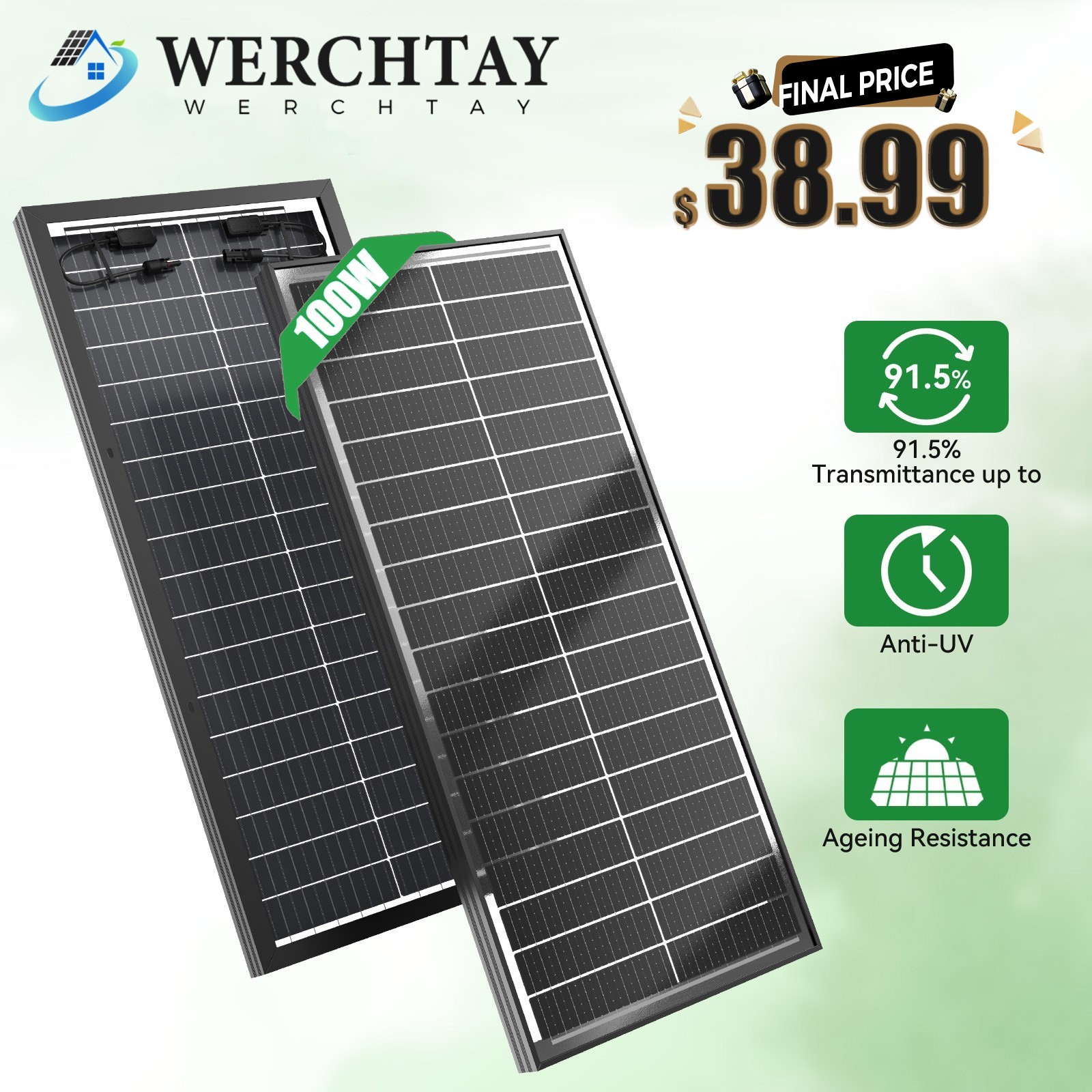 100 Watt Solar Panel Bifacial 12V Home PV Power Off-Grid RV Camper System Carava