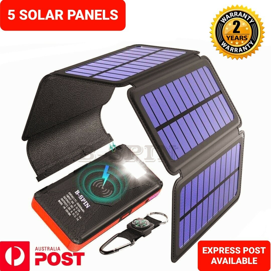Solar Power Bank Waterproof  Wireless  30000mAh   Fast charger 2 USB 5 PANELS