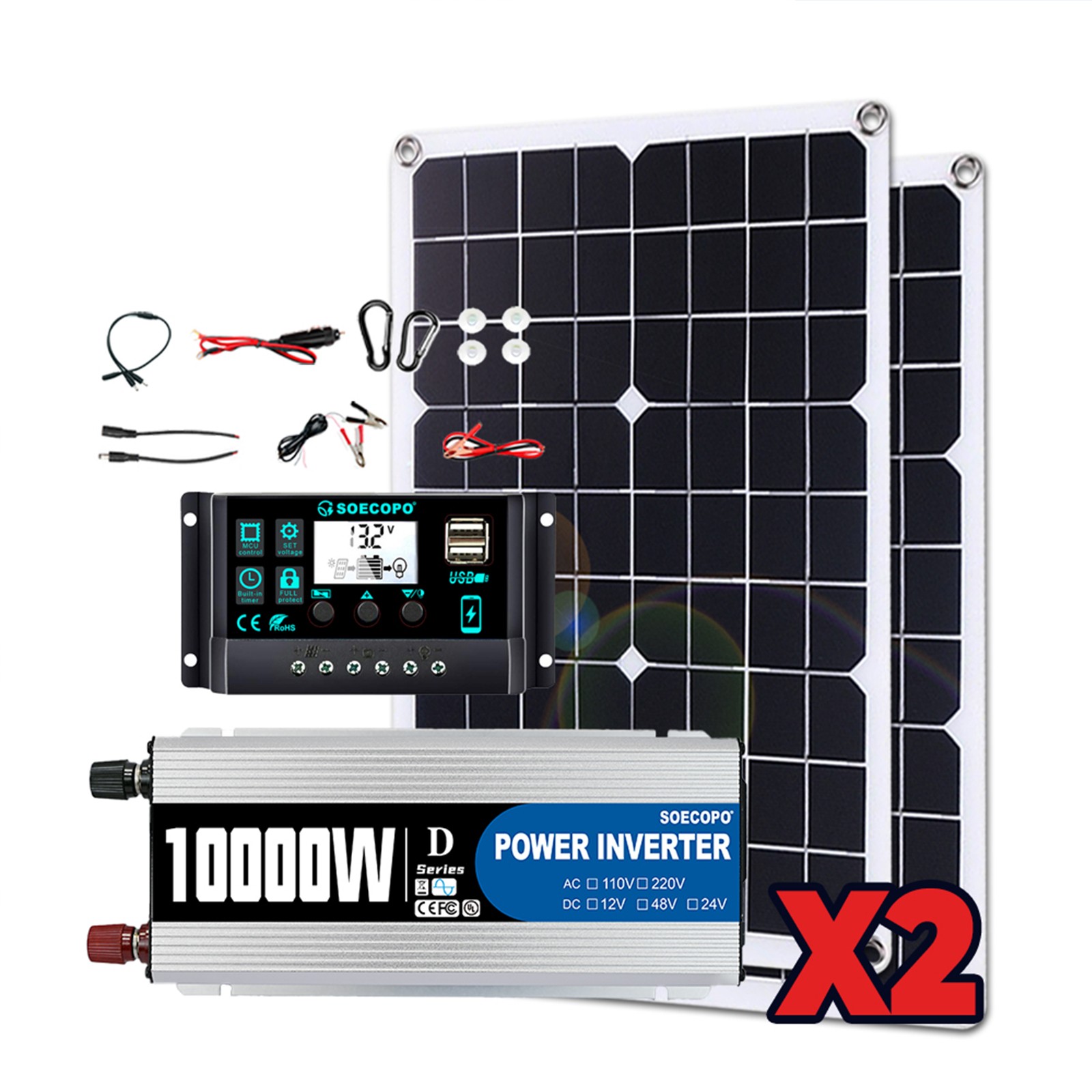 10000W Solar Power Kit 12V-110V/220V + 2pcs Solar Panels + 100A Controller