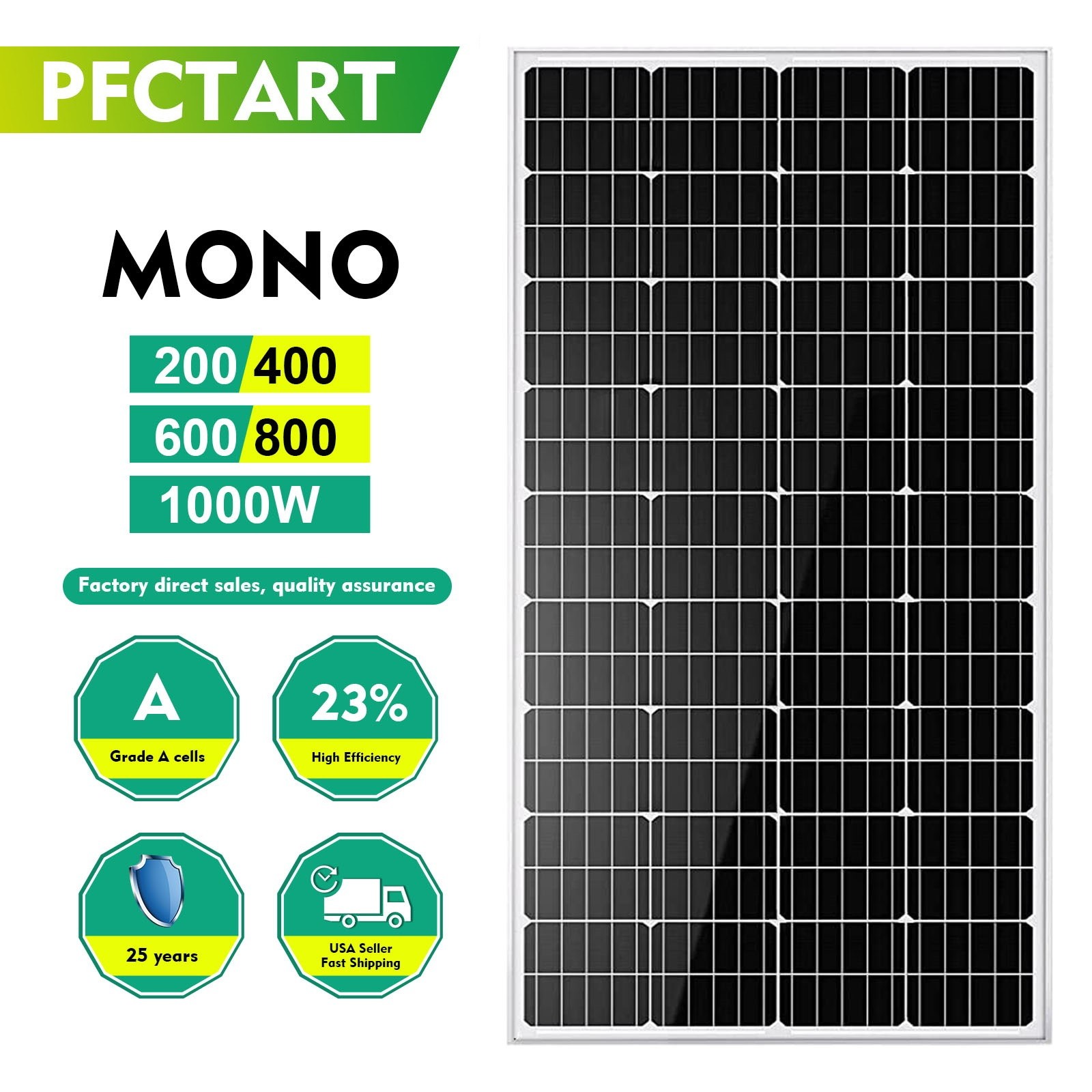 PFCTART 200W Solar Panel Monocrystalline 1.6KWH/Day for RV Shed Camper Boat Home